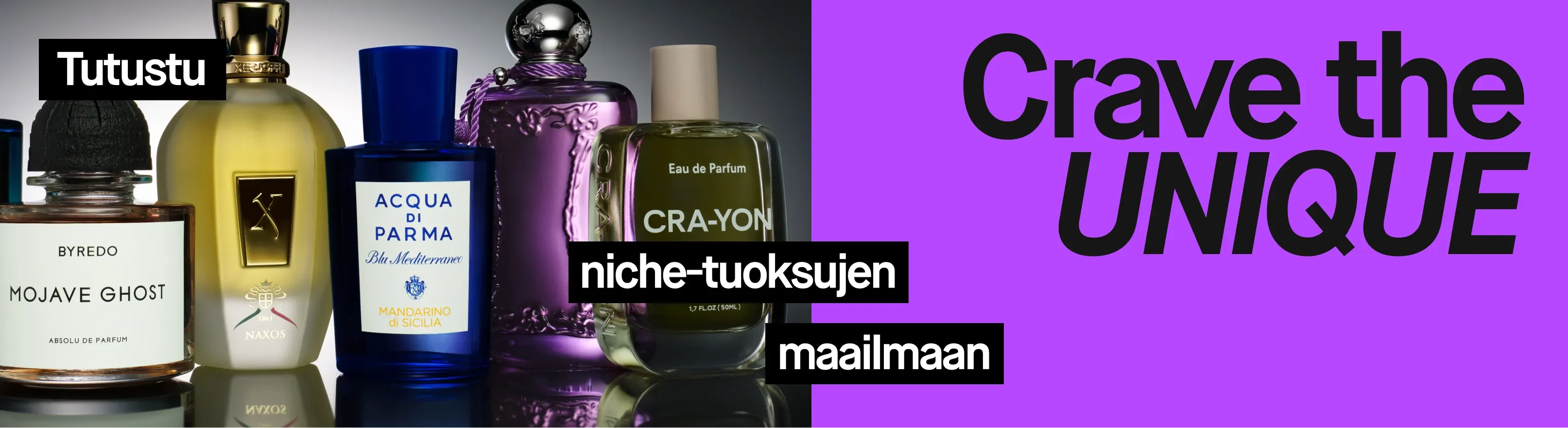 Kokoelma eksklusiivisia niche-parfyymia, mukaan lukien Byredo Mojave Ghost, Xerjoff Naxos, Acqua di Parma Blu Mediterraneo Mandarino di Sicilia ja CRA-YON Eau de Parfum. Kuvassa näkyy teksti ”Upptäck nischdofternas värld” (Löydä niche-tuoksujen maailma) ja ”Crave the UNIQUE” (Himoitse ainutlaatuista).