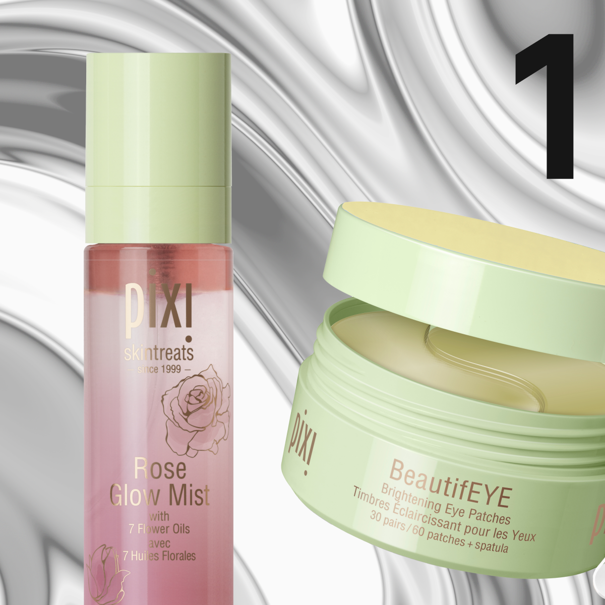 To Pixi-hudpleieprodukter mot en blank sølvbakgrunn – en rosa sprayflaske og en lysegrønn krukke med øyemasker.