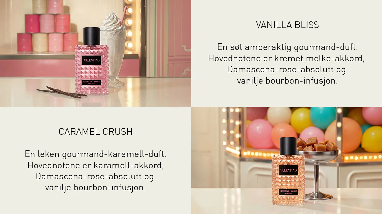 Valentino Vanilla Bliss og Caramel Crush Hair & Body Mists vises sammen med milkshake, vaniljestenger, karameller og fargerike dekorative detaljer. Teksten beskriver Vanilla Bliss som “En söt ambraktig gourmanddoft” og Caramel Crush som “En lekfull gourmand-koladoft” med noter av melkaccord, Damascena-rose-absolutt, vanilje bourbon-infusjon og karamellaccord.