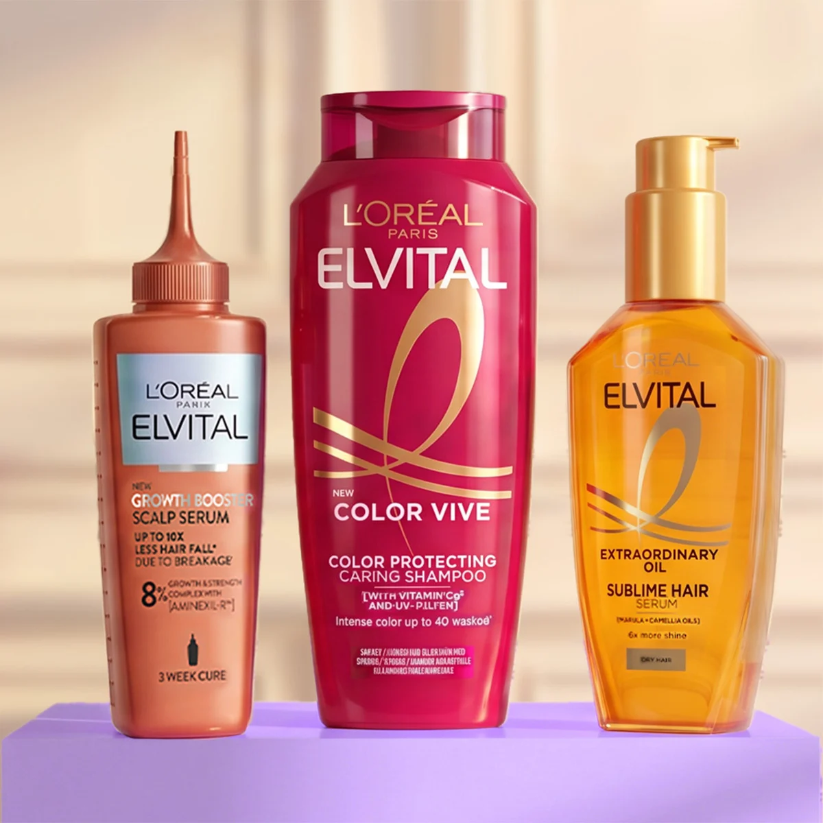 L’Oréal Paris Elvital-hårvårdsprodukter mot ljus bakgrund.