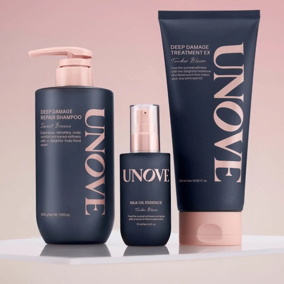 UNOVE Deep Damage Repair Shampoo, Silk Oil Essence og Deep Damage Treatment. Mørkeblå flasker med rosa.