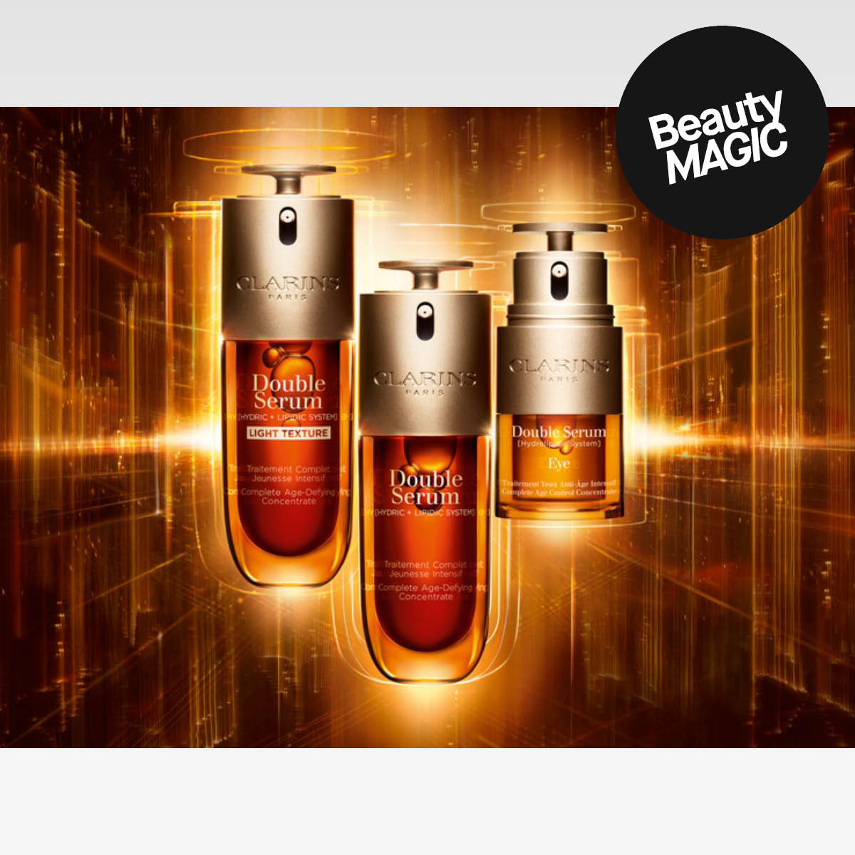 Clarins Double Serum-produkter, inkludert Light Texture, Original og Eye, plassert mot en glitrende gyllen bakgrunn, som fremhever deres luksuriøse karakter.