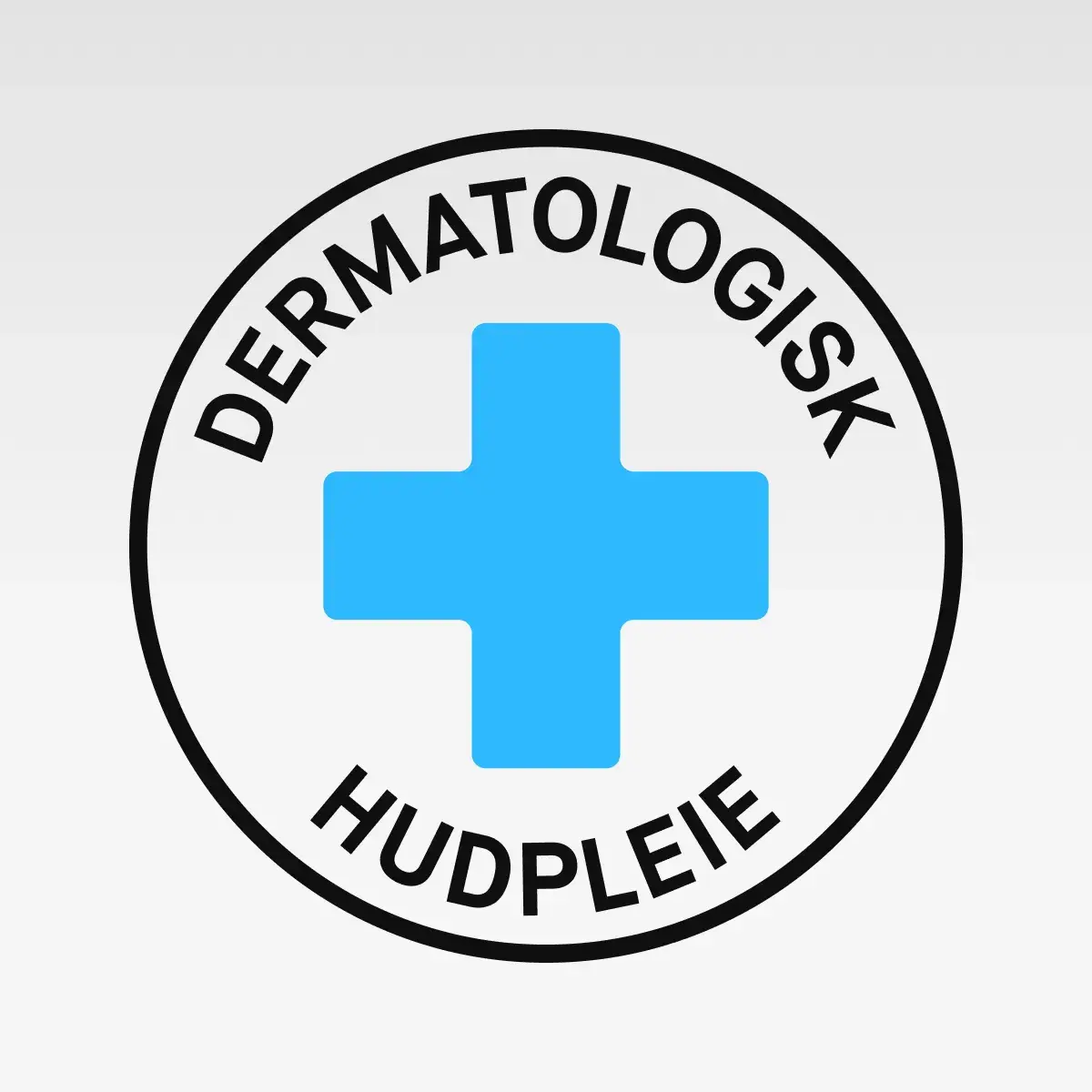 Rundt symbol med blått kors og teksten “DERMATOLOGISK HUDVÅRD” i svart.