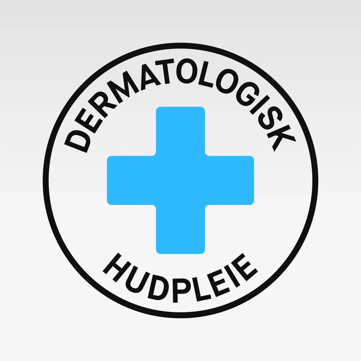 Rundt symbol med blått kors og teksten “DERMATOLOGISK HUDVÅRD” i svart.