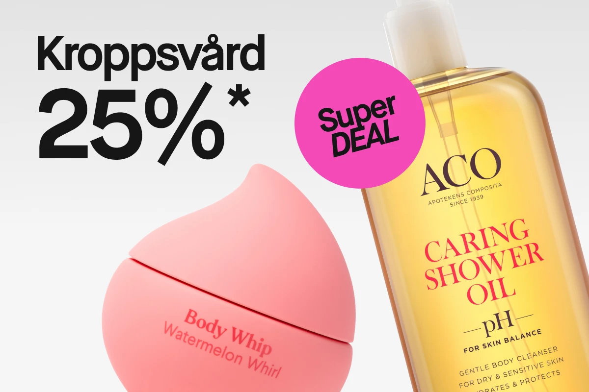 Kampanjbild med texten ”Kroppsvård 25%”, en rosa cirkel med ”Super DEAL”, samt Body Whip Watermelon Whirl och ACO Caring Shower Oil.