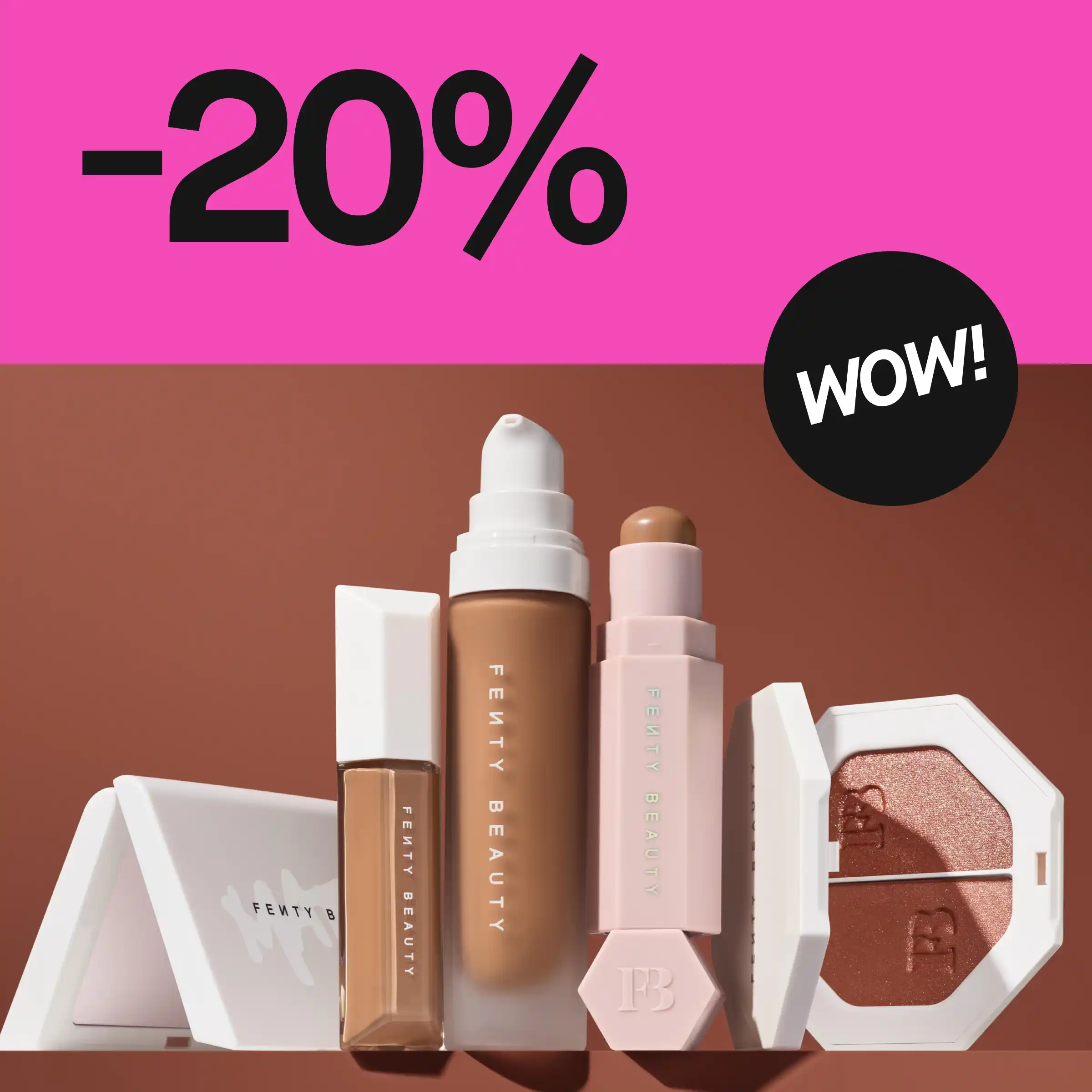 Mainos, jossa lukee "-20%" vaaleanpunaisella taustalla. Kuvassa Fenty Beauty -meikkituotteita ruskealla taustalla.