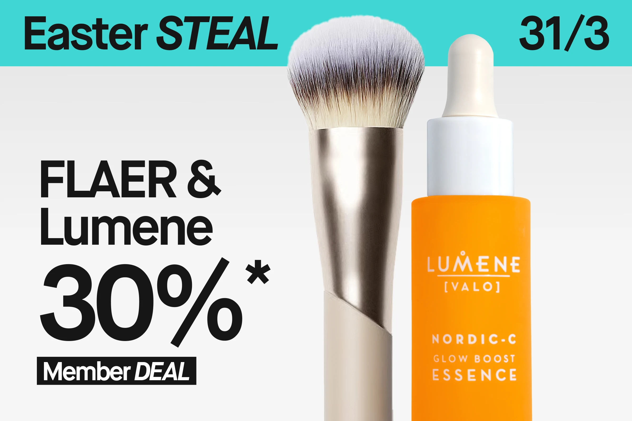 Banner med texten “Easter STEAL 31/3” och “FLAER & Lumene 30% Member Deal” samt sminkborste och Lumene Nordic-C Glow Boost Essence mot turkos och ljus bakgrund.