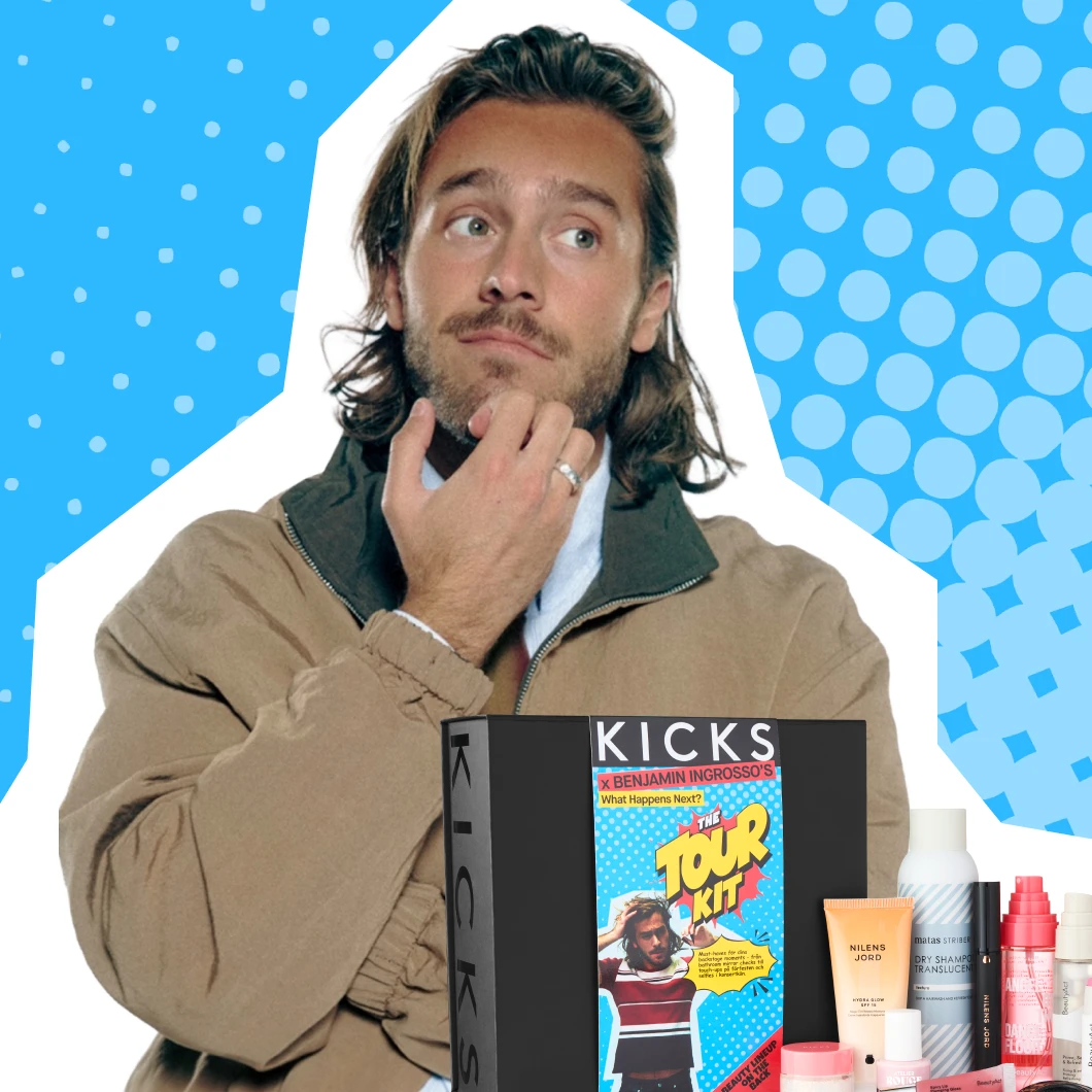 Man tittar tankfullt bredvid en KICKS x Benjamin Ingrosso 'The Tour Kit'-låda och olika skönhetsprodukter.