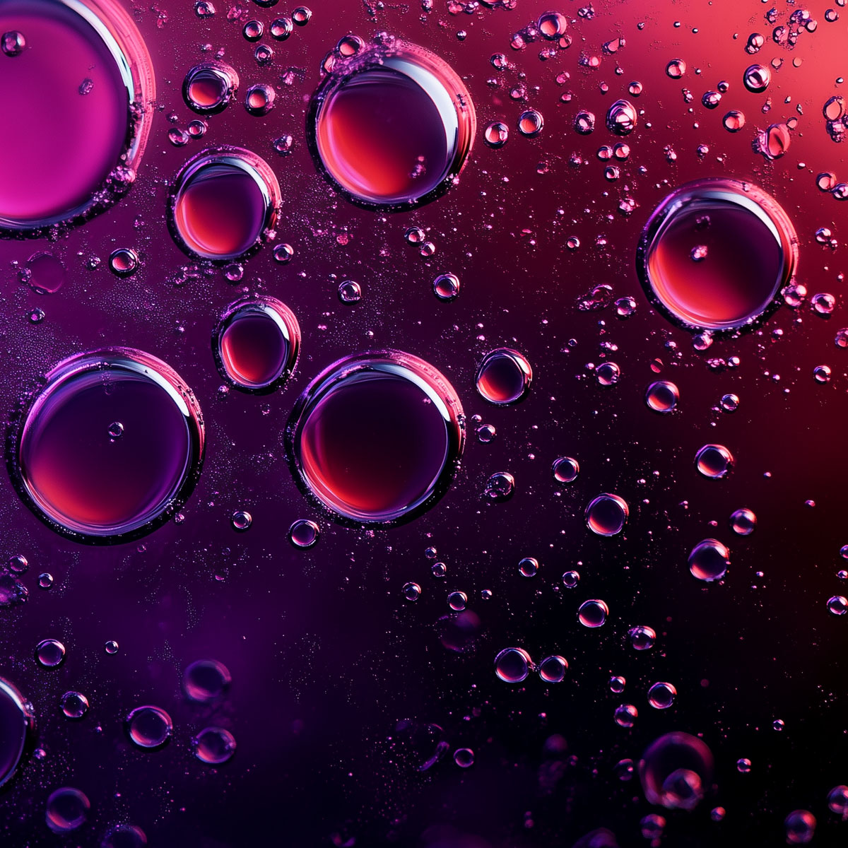 Lähikuva violetinvärisistä kuplista vedessä, taustalla tummia sävyjä ja häivähdyksiä vaaleanpunaisesta ja sinisestä.