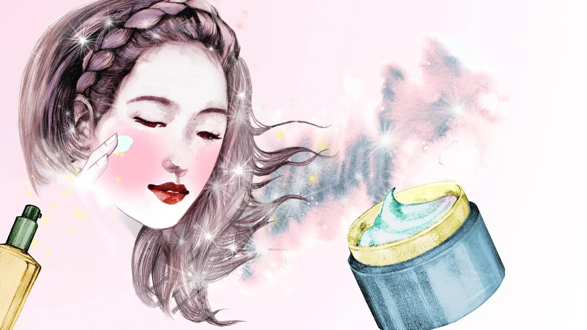 Maling av en koreansk kvinne med vindblåst hår og to hudpleieprodukter mot en lys rosa, glitrende bakgrunn