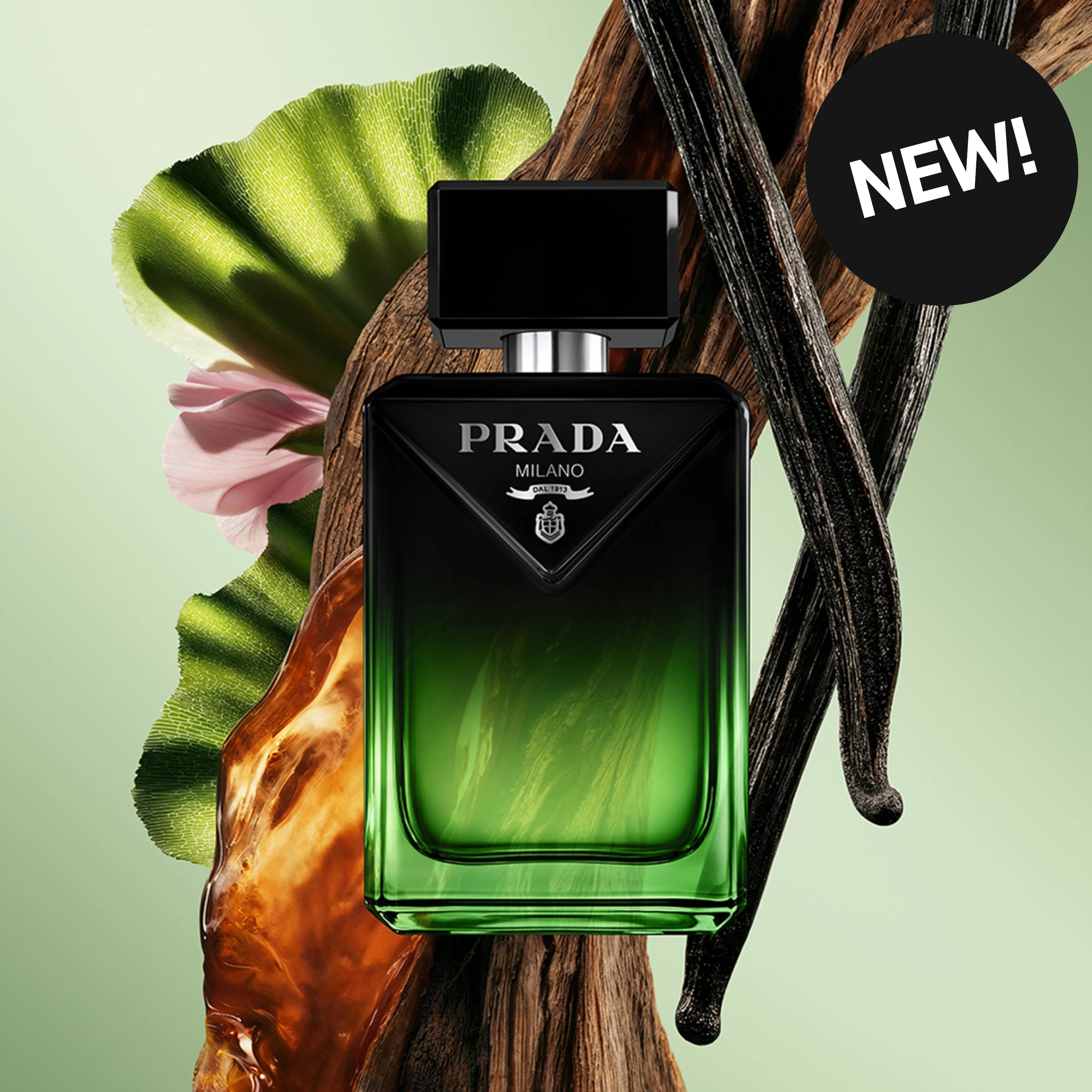NEW! Prada Milano-parfyme i en svart og grønn flaske foran tre, svarte vaniljestenger, grønne blader, en rosa blomst og ravfarget dekor.