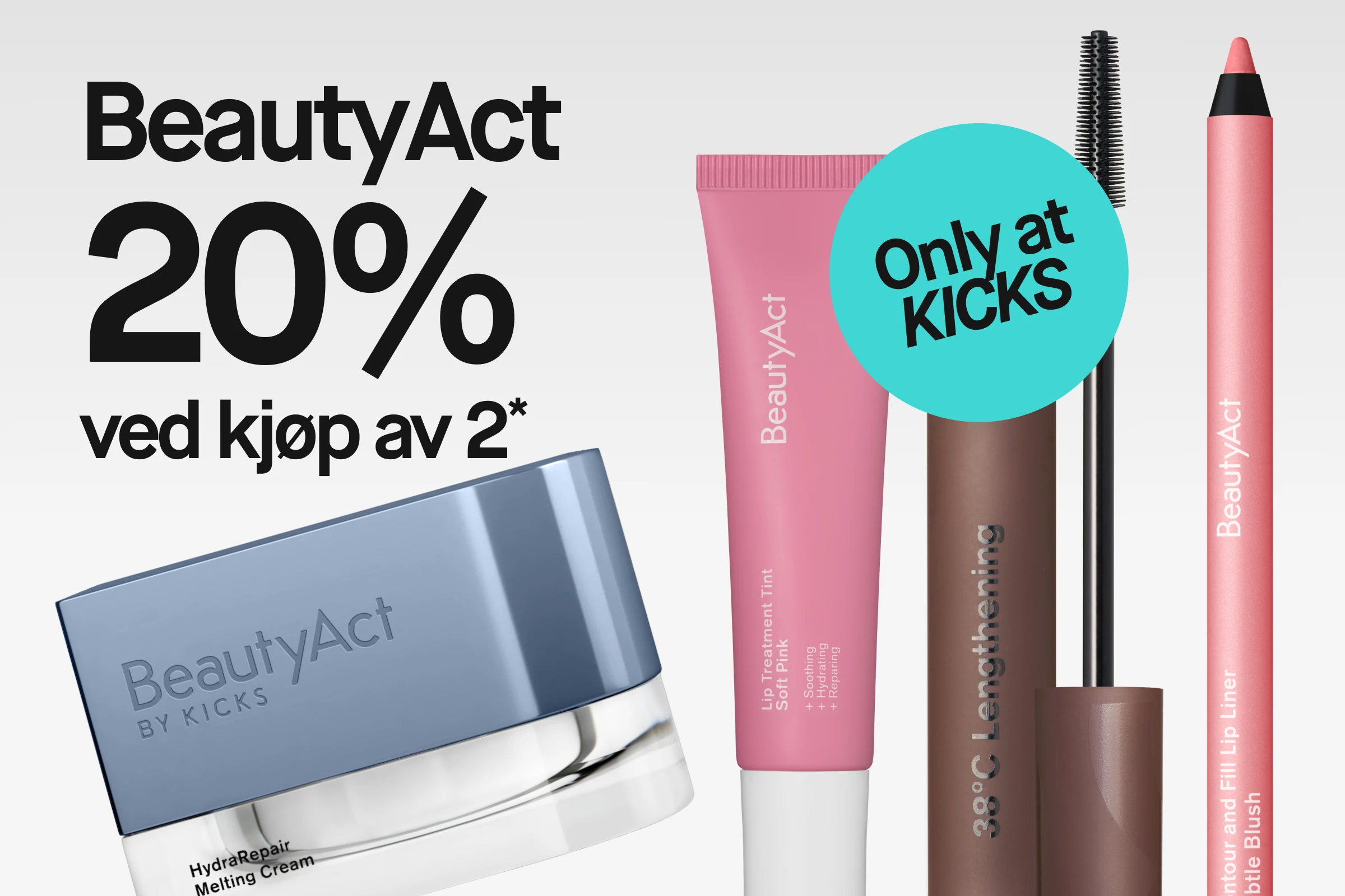 Kampanjebilde med teksten «BeautyAct 20% vid köp av 2*» og en turkis sirkel med teksten «Only at KICKS». Bildet viser HydraRepair Melting Cream, Lip Treatment Tint Soft Pink, 38°C Lengthening mascara og Contour and Fill Lip Liner Subtle Blush mot lys bakgrunn.