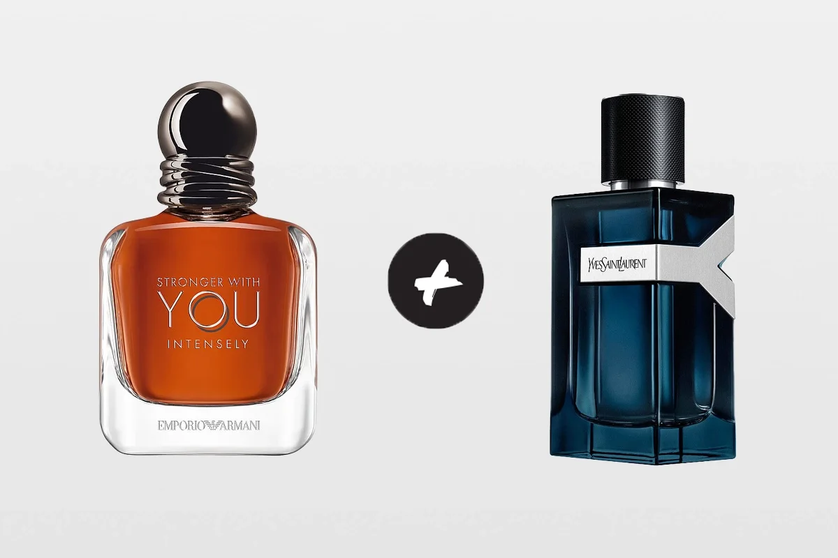Kaksi hajuvettä vaalealla taustalla: meripihkanvärinen pullo, jossa lukee STRONGER WITH YOU INTENSELY ja EMPORIO ARMANI, sekä tummansininen pullo, jossa lukee YVES SAINT LAURENT.