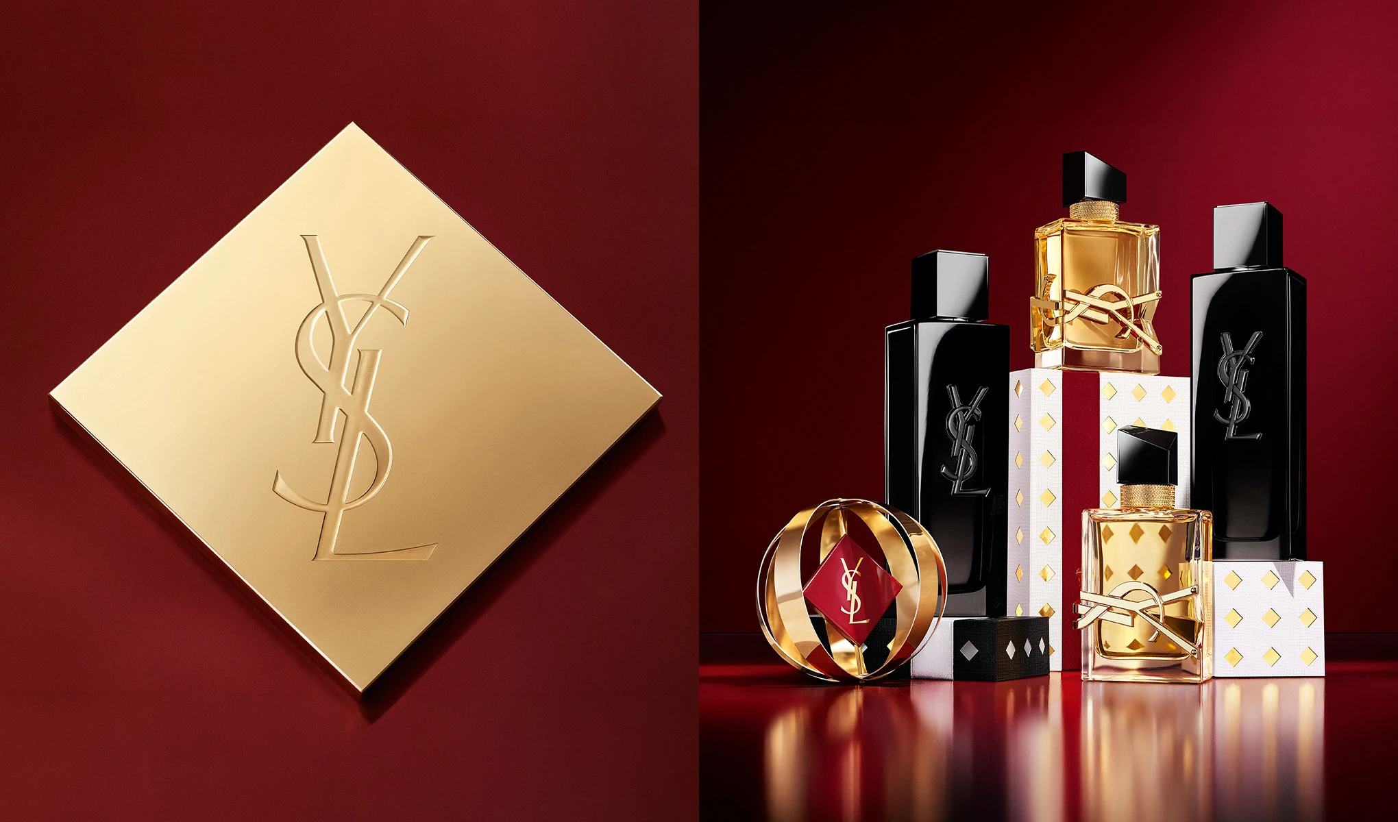 Gyllent YSL-logo kvadrat og YSL parfymeflasker, inkludert Libre, og et gyllent ornament, på rød bakgrunn.
