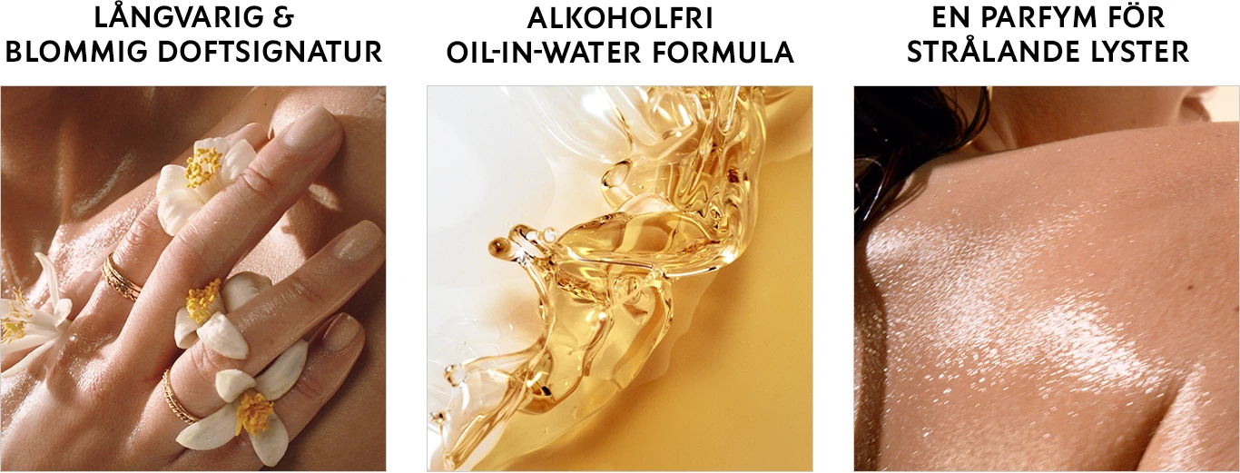 Tre bilder på rad som beskriver YSL Libre parfymen. En hand med vita blommor för att beskriva den blommiga doftsignaturen, olja som skvulpar för att beskriva alkoholfri oil-in-water formulan och en rygg med glöd för att beskriva strålande lyster.