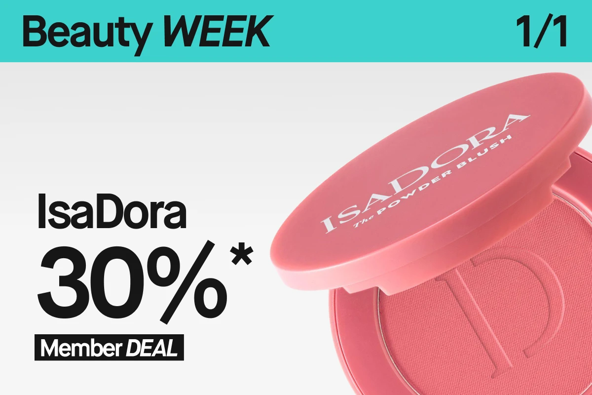 "IsaDora kampanjbild med The Powder Blush i rosa nyans och text som visar 30% rabatt – Member Deal under Beauty Week."