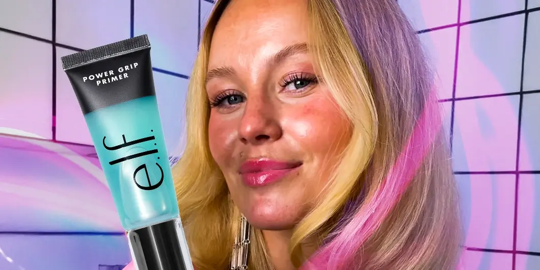 Bild på en e.l.f. Power Grip Primer framför en bakgrund med färgglada linjer och rutmönster.