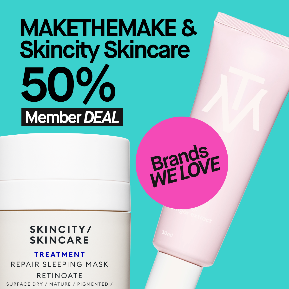 MAKETHEMAKE & Skincity Skincare 50% rabatt - produkter mot en turkis bakgrunn
