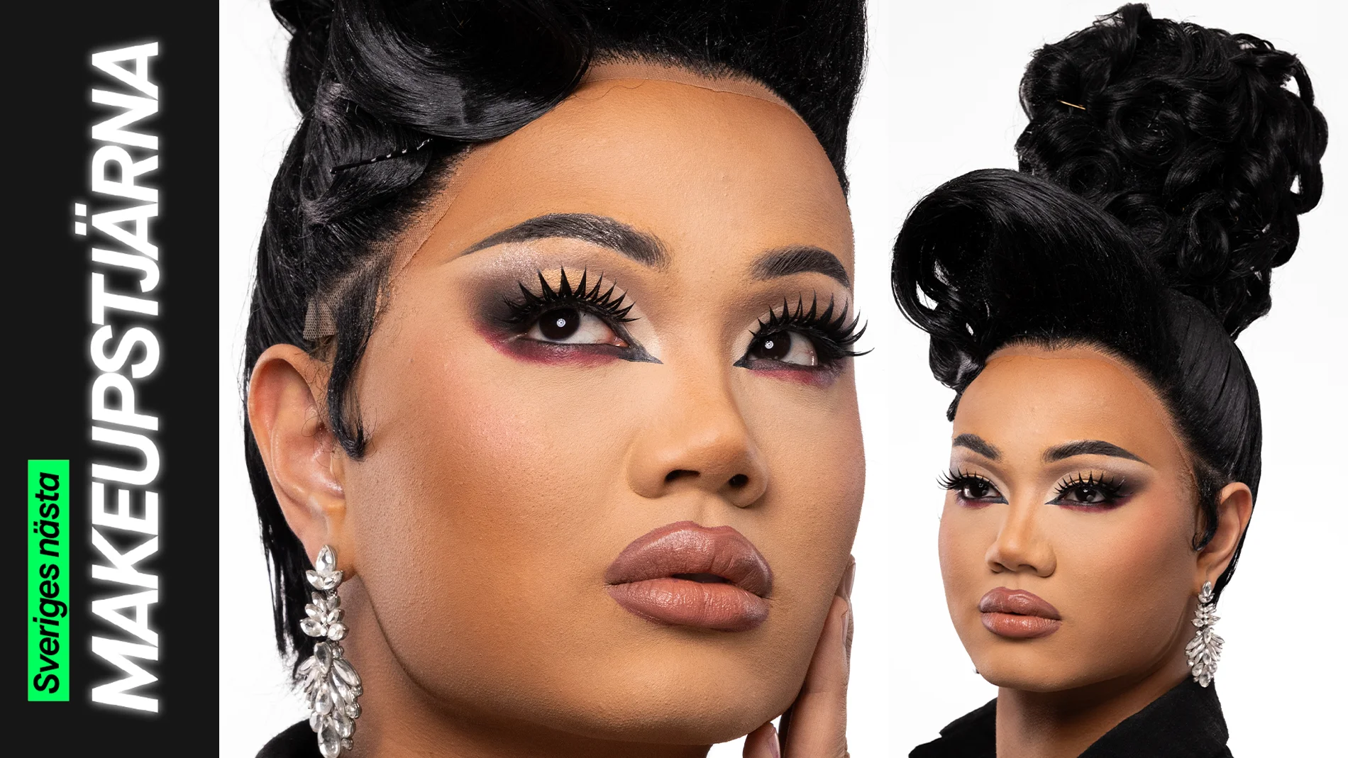 En person med en elegant makeuplook som kombinerar markerad ögonmakeup i guld, svart och vinrött med långa fransar, skulpterad bas och neutrala läppar, kompletterat med stora glittrande örhängen och en uppsatt frisyr.