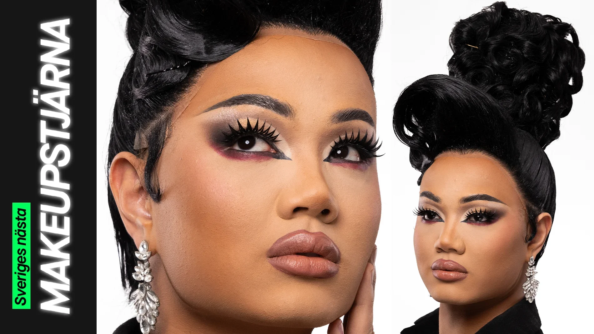 En person med en elegant makeuplook som kombinerar markerad ögonmakeup i guld, svart och vinrött med långa fransar, skulpterad bas och neutrala läppar, kompletterat med stora glittrande örhängen och en uppsatt frisyr.