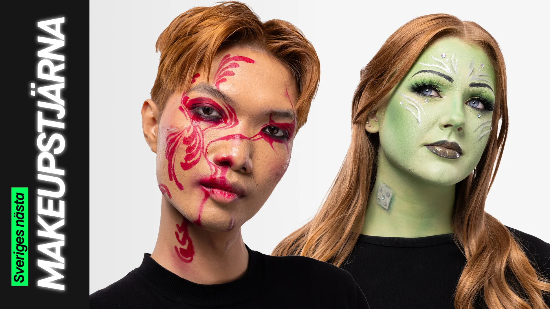 Sammansatt bild med två personer: den ena med röd konstnärlig ansiktsmålning och dramatisk ögonmakeup, den andra med grön sci-fi-inspirerad makeup med vita linjer och kristaller samt metalliska läppar, vilket lyfter två kreativa makeupstilar.