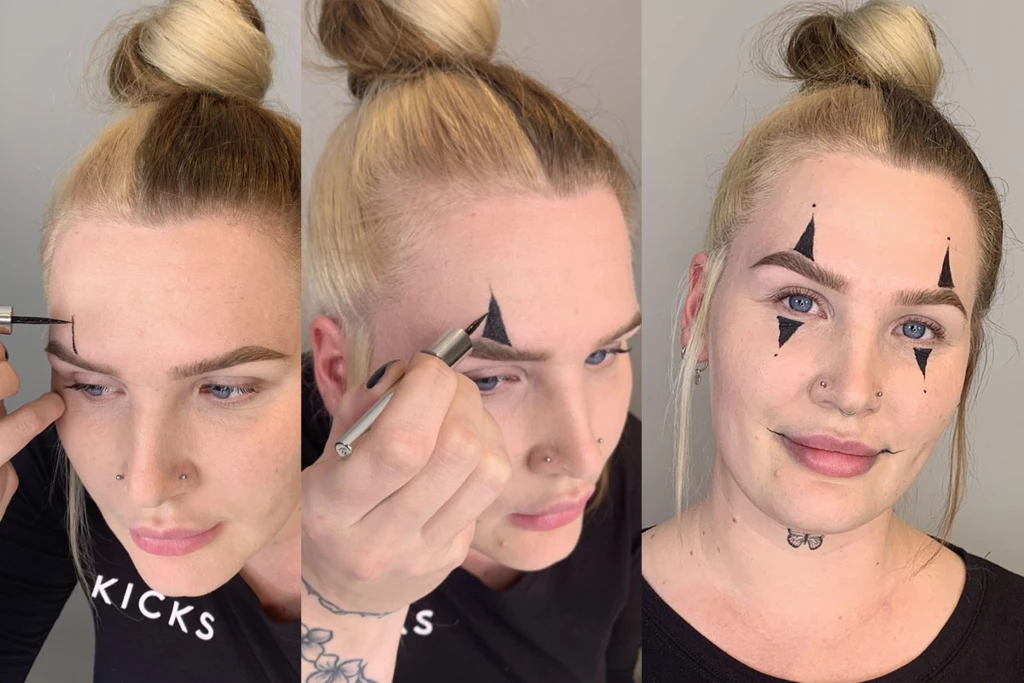 Kolmivaiheinen kuva naisesta, joka piirtää kolmioita eyelinerilla kulmakarvojensa päälle ja silmänsä alle.