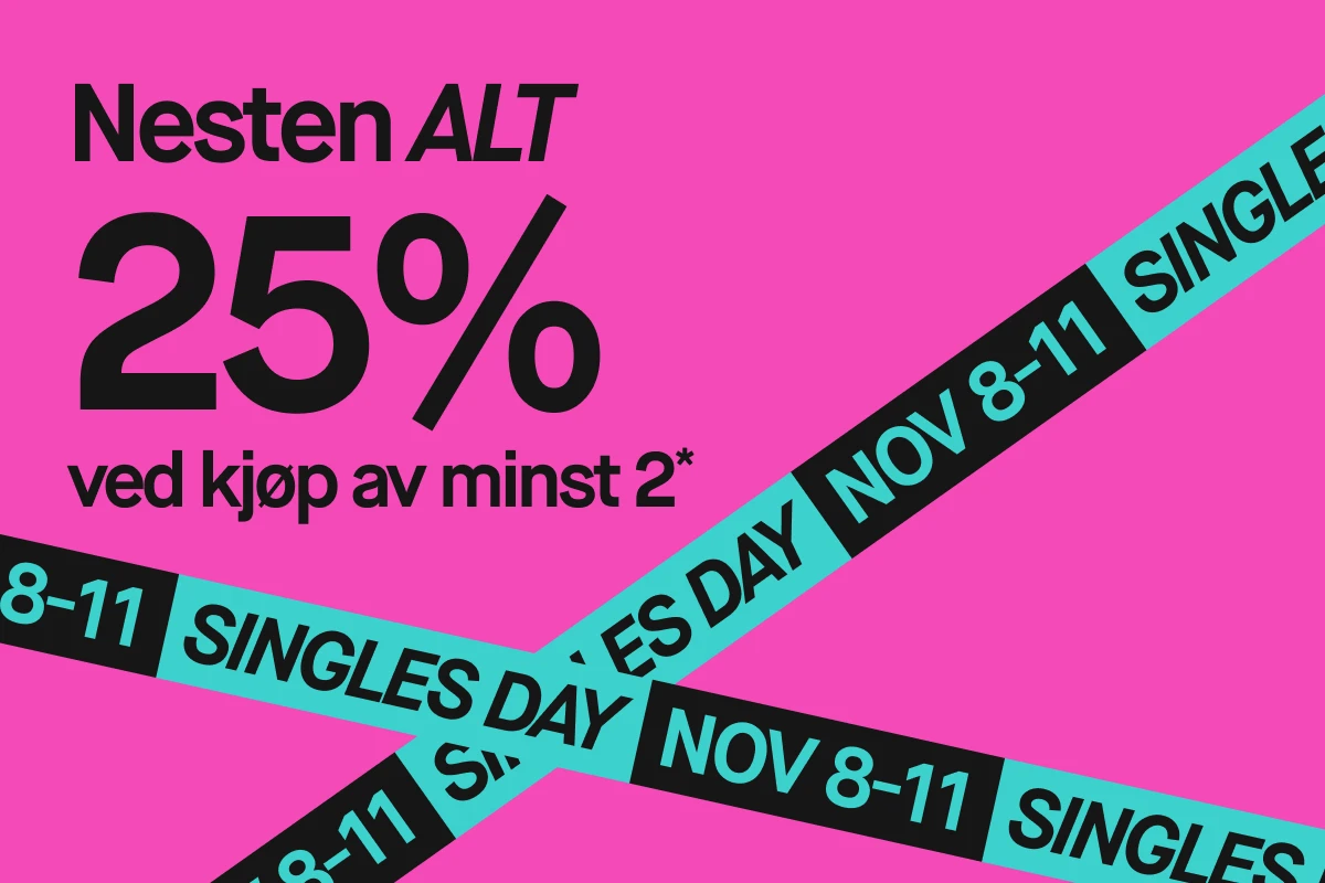 Bilde som viser en reklame for en kampanje med 25% rabatt ved kjøp av to produkter under Singles Day. Teksten "Typ ALLT 25% ved kjøp av 2*" og "Singles Day Nov 8-11" er synlige. Bakgrunnen er rosa.