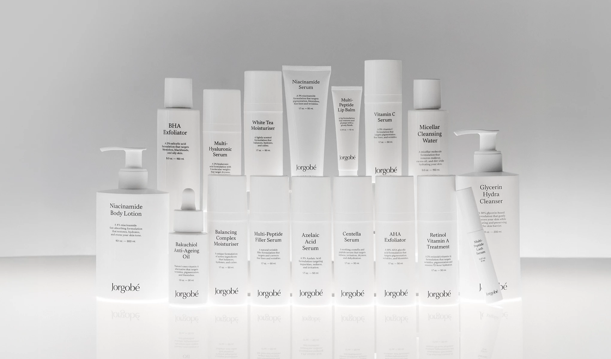 Jorgobé hudvårdsprodukter, inklusive serum, fuktkrämer, rengöringsprodukter och exfolianter.
