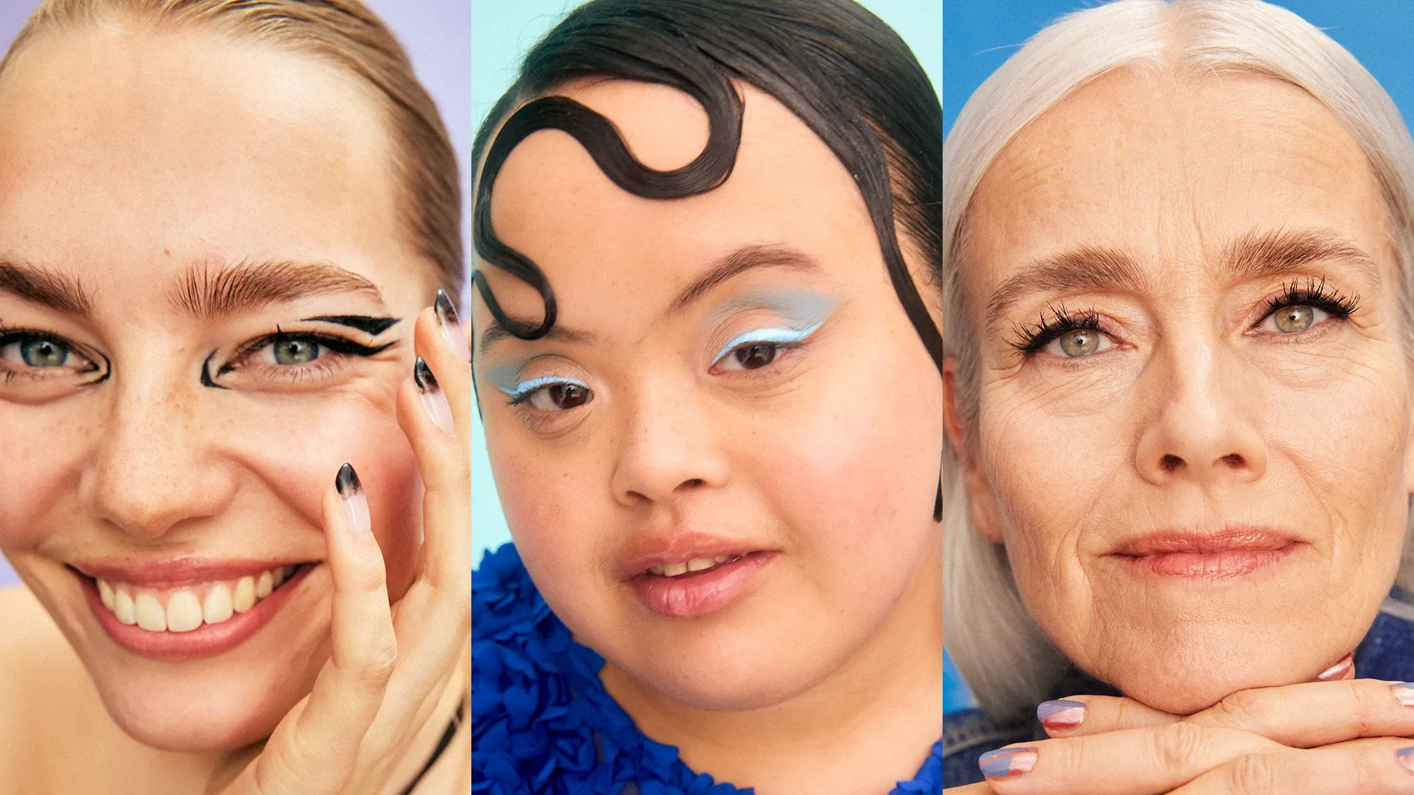 Tre personer med forskjellig øyensminke. Den første personen har en naturlig look med subtil øyenskygge og mascara. Den andre personen har en mer dramatisk øyensminke med mørkere øyenskygge og markert eyeliner. Den tredje personen har en elegant øyensminke med lys øyenskygge og velformede øyenbryn.