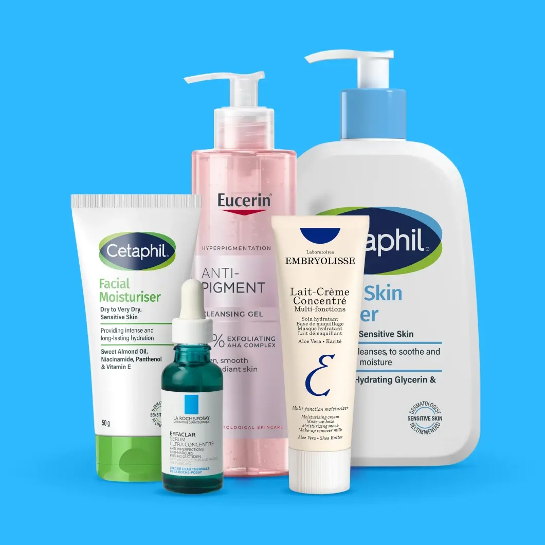 Hudvårdsprodukter från märkena Cetaphil, La Roche-Posay, Eucerin och Embryolisse.