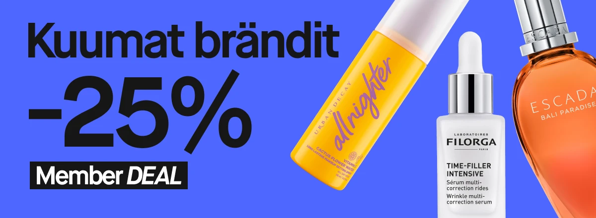 Mainos, jossa lukee "Kuumat brändit -25% Member DEAL". Kuvassa näkyy Urban Decay All Nighter -meikinkiinnityssuihke, Filorga Time-Filler Intensive -seerumi ja Escada Bali Paradise -hajuvesi.