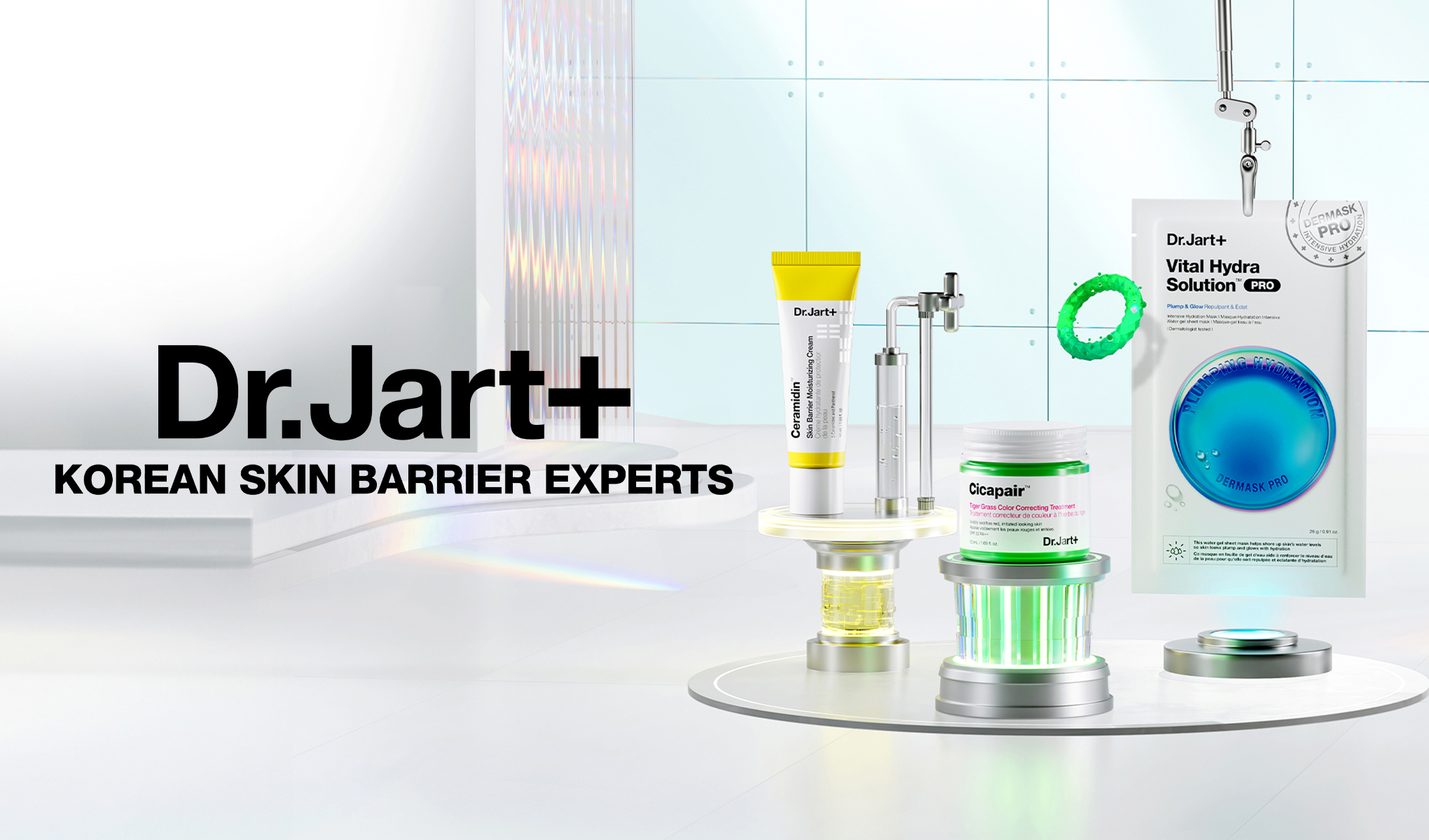 Dr.Jart+ produkter som fokuserer på å styrke hudens beskyttelsesbarriere. Bildet viser fuktighetskrem, fargekorrigeringskrem og hydreringsmaske.