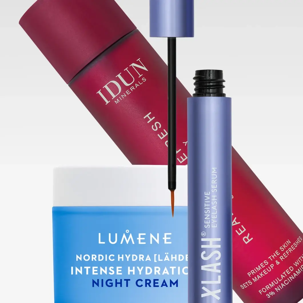 Nordiske skjønnhetsfavoritter fra IDUN Minerals, Xlash og Lumene: IDUN Minerals Ready Set Refresh Setting Spray, Xlash Sensitive Eyelash Serum og Lumene Nordic Hydra [Lähde] Intense Hydration Night Cream.