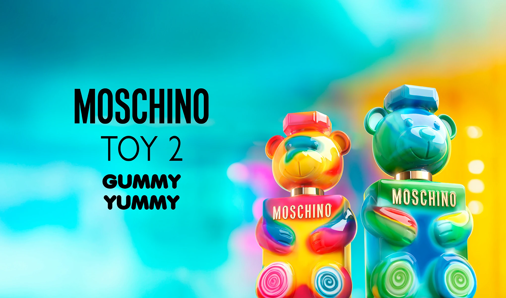 Värikäs Moschino Toy 2 -hajuvesimainos, jossa kaksi nallekarhun muotoista pulloa kirkkaissa sateenkaaren väreissä.