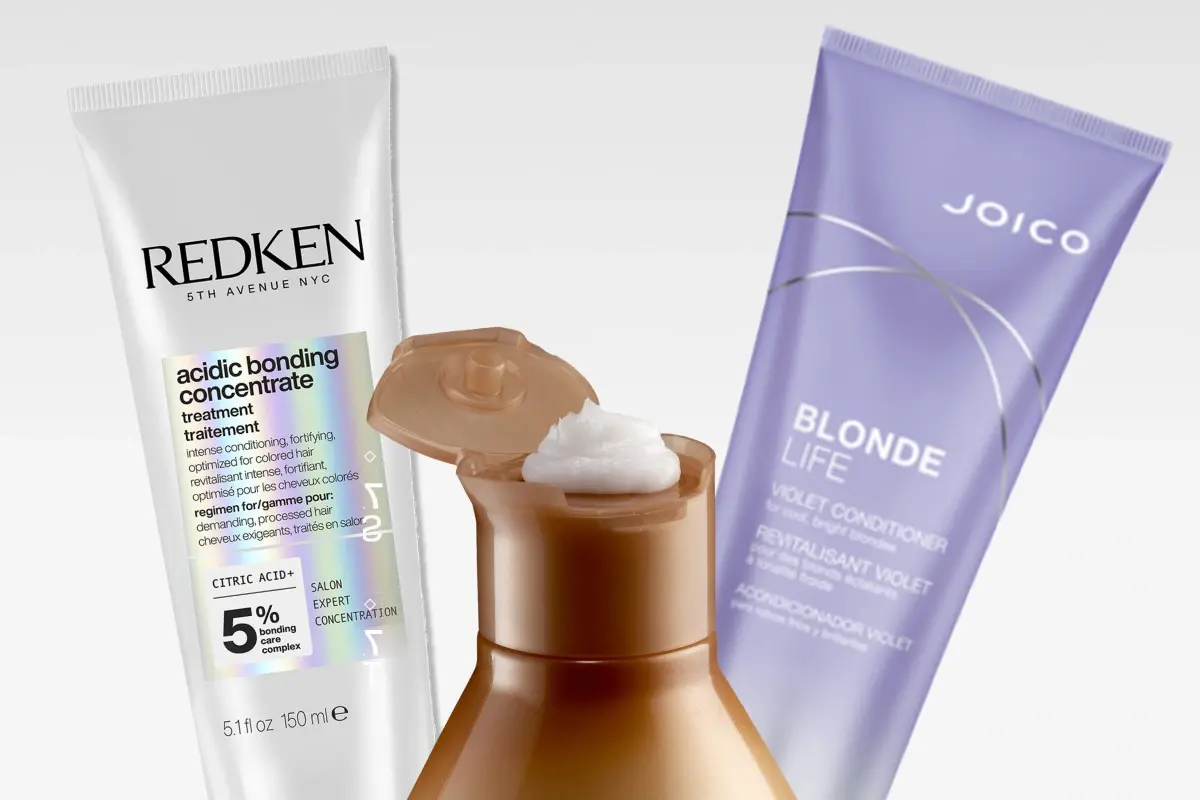 Redken Acidic Bonding Concentrate behandling, Joico Blonde Life Violet balsam, och en brun flaska med vit hårprodukt.
