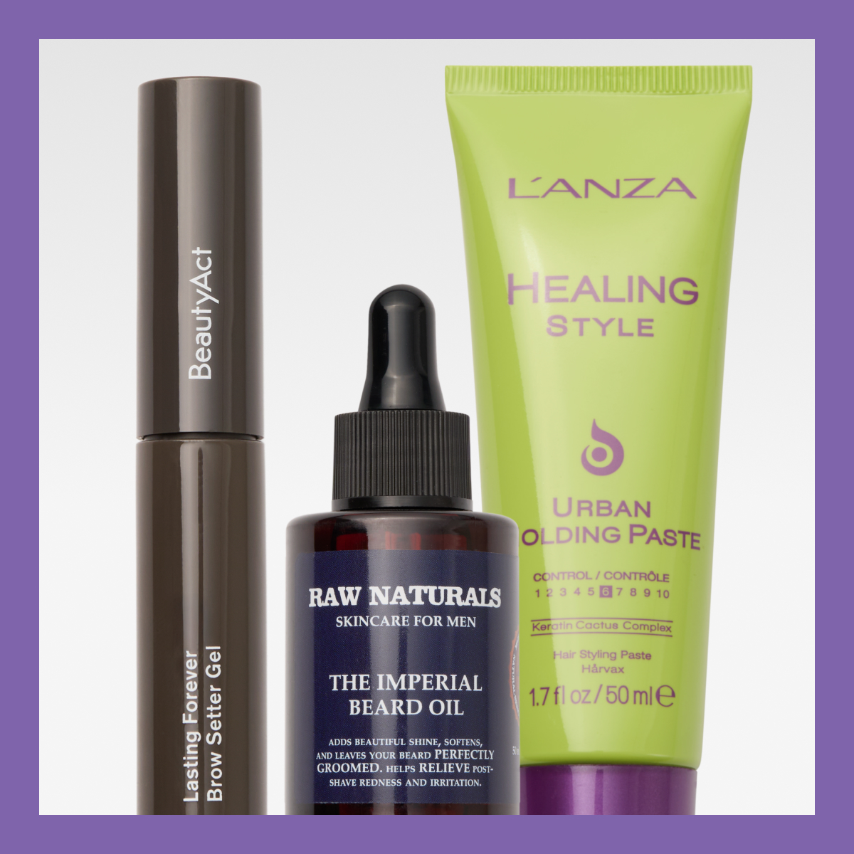 Tre skönhetsprodukter: BeautyAct ögonbrynsgel, Raw Naturals skäggolja, och L'ANZA hårstylingpasta. Bilden är omgiven av en lila ram.