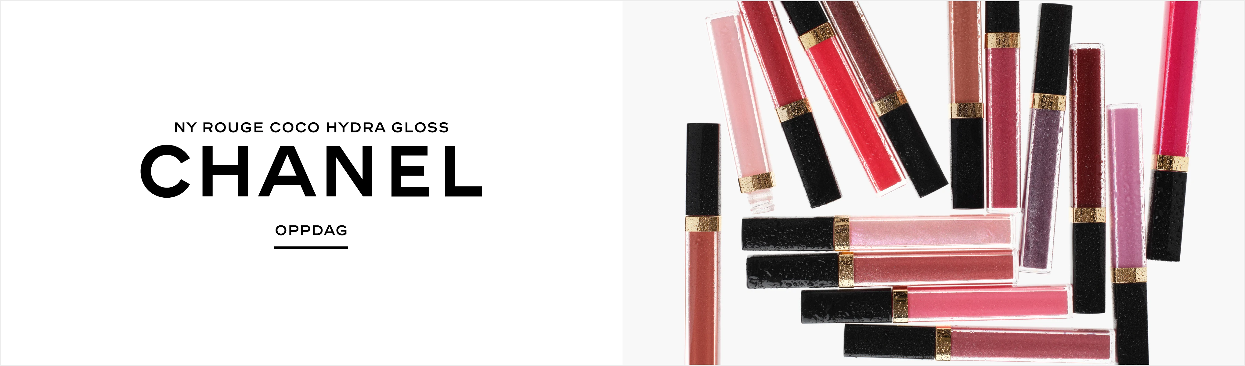 Chanel Rouge Coco Hydra Gloss-leppeglosser i ulike nyanser mot hvit bakgrunn. Bildet inneholder tekstene «Ny Rouge Coco Hydra Gloss» og «Oppdag».