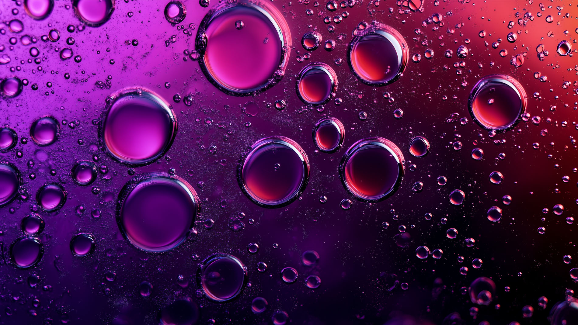 Lähikuva violetinvärisistä kuplista vedessä, taustalla tummia sävyjä ja häivähdyksiä vaaleanpunaisesta ja sinisestä.
