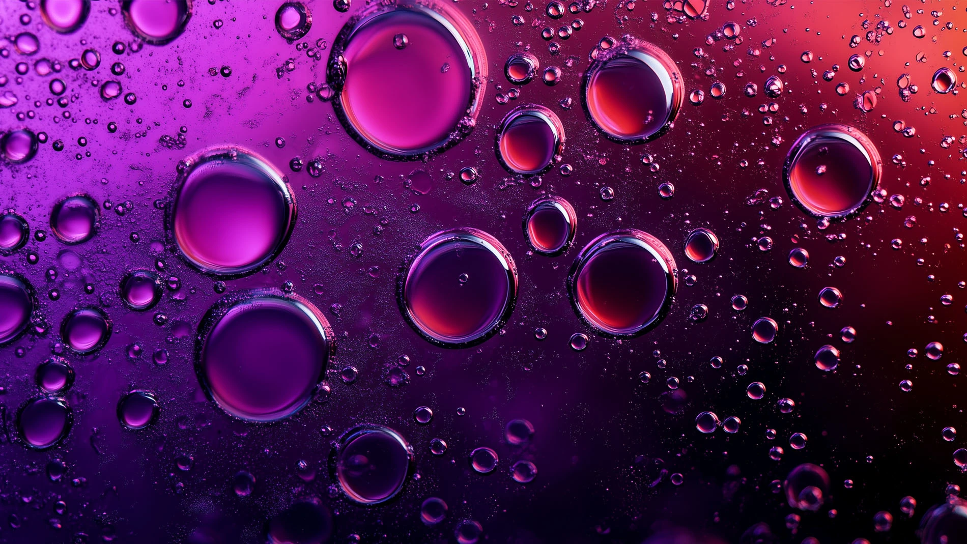 Lähikuva violetinvärisistä kuplista vedessä, taustalla tummia sävyjä ja häivähdyksiä vaaleanpunaisesta ja sinisestä.