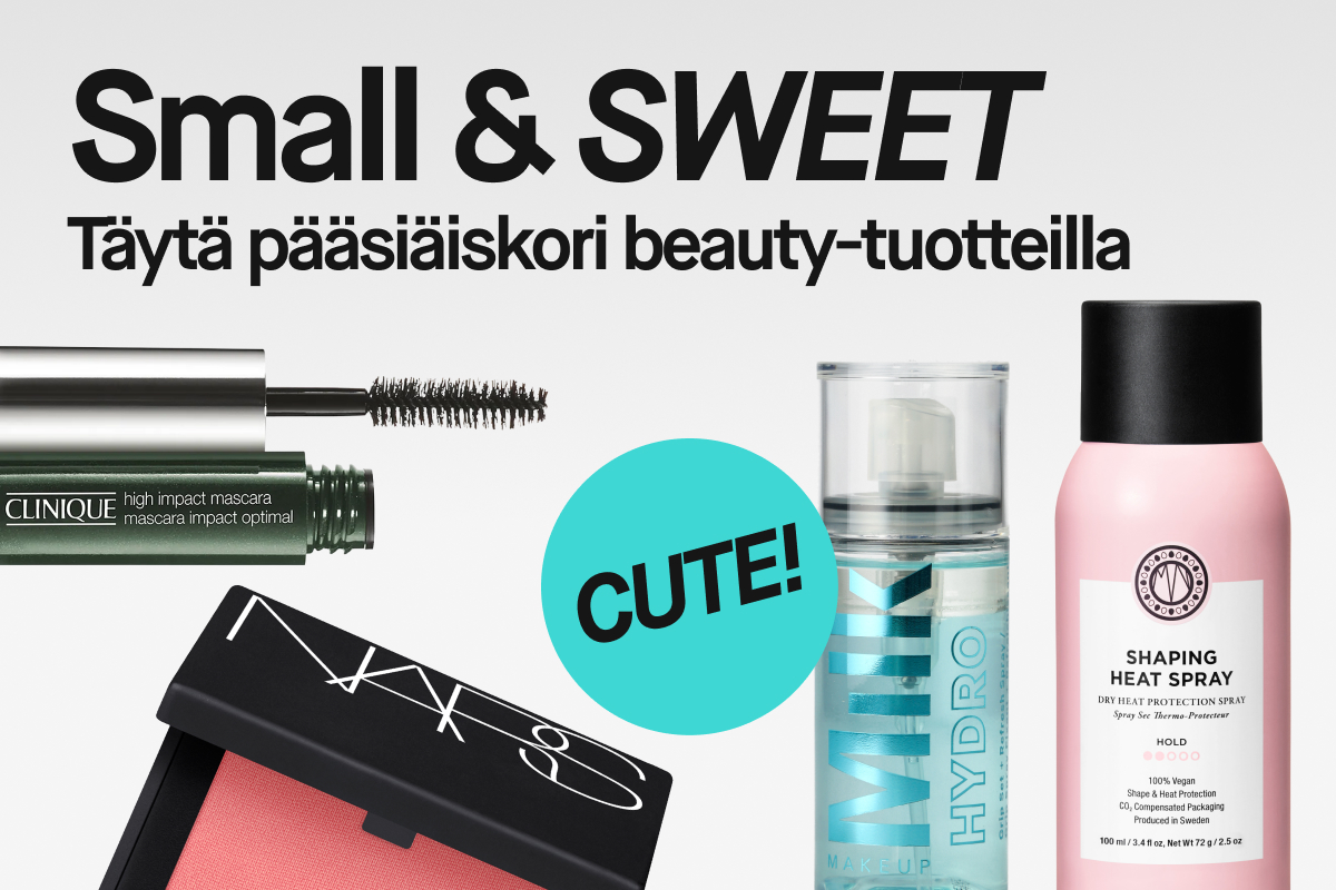 Small & SWEET -kampanjakuva, jossa teksti ”Täytä pääsiäiskori beauty-tuotteilla” sekä minikokoisia kauneustuotteita, kuten ripsiväri, poskipuna, meikin kiinnityssuihke ja lämpösuojasuihke.
