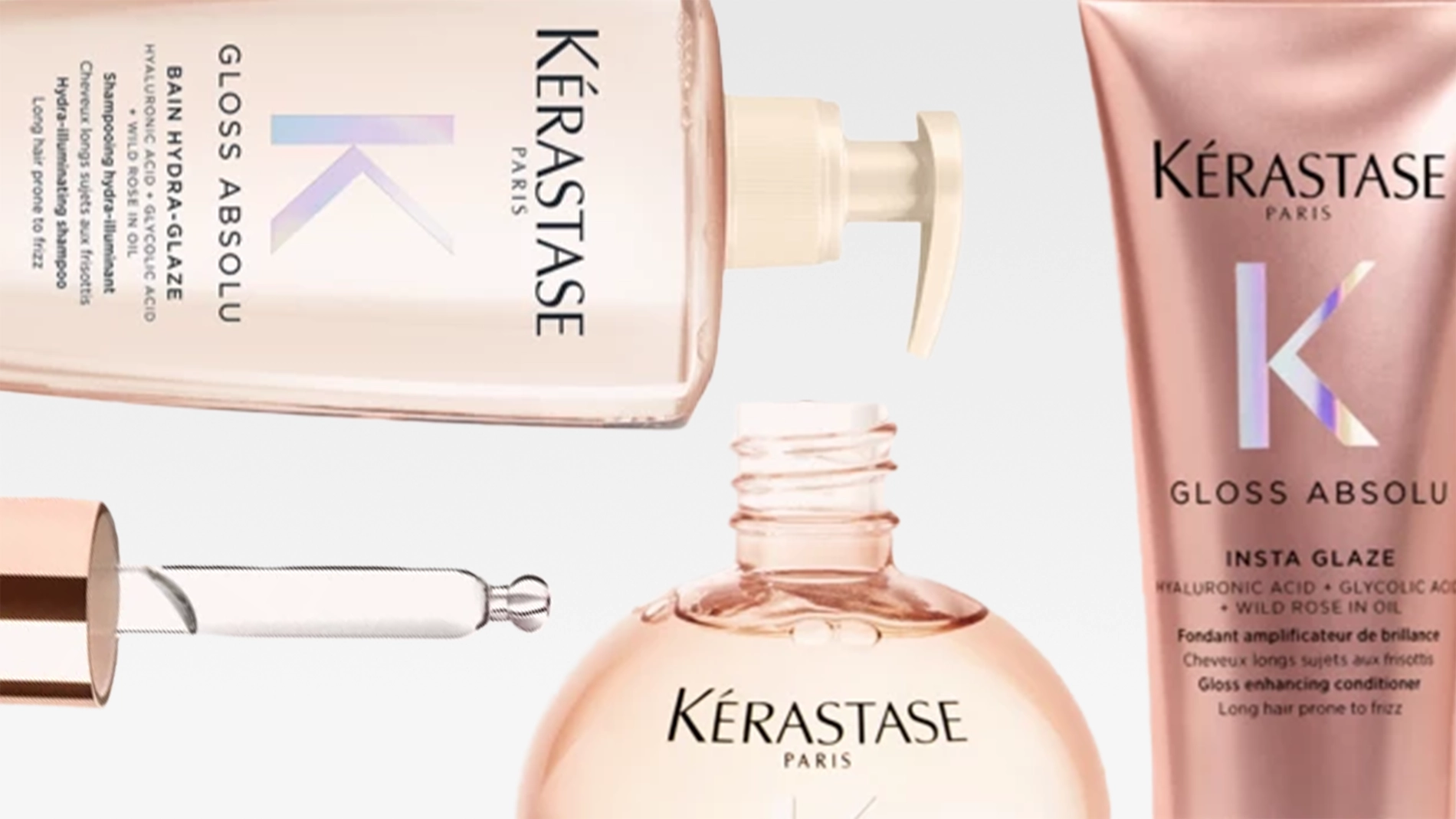 Tässä kuvassa on neljä Kérastase Paris -hiustenhoitotuotetta Gloss Absolu -sarjasta. Vasemmalla ylhäällä on Bain Hydra-Glaze -shampoo pumppupullossa, oikealla ylhäällä Insta Glaze -hoitoaine tuubissa, keskellä alhaalla Glaze Drops -kiiltotipat pyöreässä pullossa ja vasemmalla keskellä pipetti.
