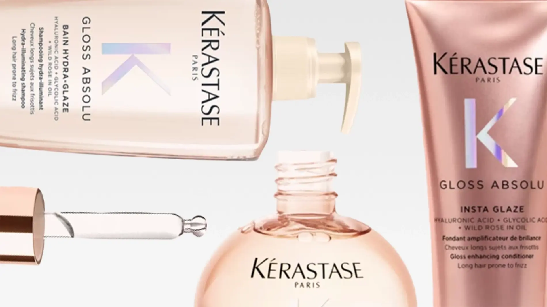 Tässä kuvassa on neljä Kérastase Paris -hiustenhoitotuotetta Gloss Absolu -sarjasta. Vasemmalla ylhäällä on Bain Hydra-Glaze -shampoo pumppupullossa, oikealla ylhäällä Insta Glaze -hoitoaine tuubissa, keskellä alhaalla Glaze Drops -kiiltotipat pyöreässä pullossa ja vasemmalla keskellä pipetti.