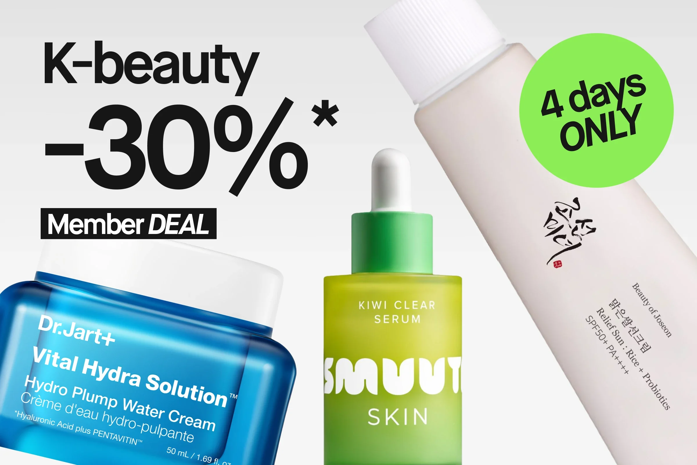 Kampanjakuva tekstillä ”K-beauty 30%*”, ”Member DEAL” sekä vihreällä ympyrällä, jossa lukee ”4 days ONLY”. Kuvassa näkyvät Dr.Jart+ Vital Hydra Solution Hydro Plump Water Cream, Smuuti Skin Kiwi Clear Serum sekä Beauty of Joseon Relief Sun Rice + Probiotics SPF50+ PA++++ vaaleanharmaata taustaa vasten.