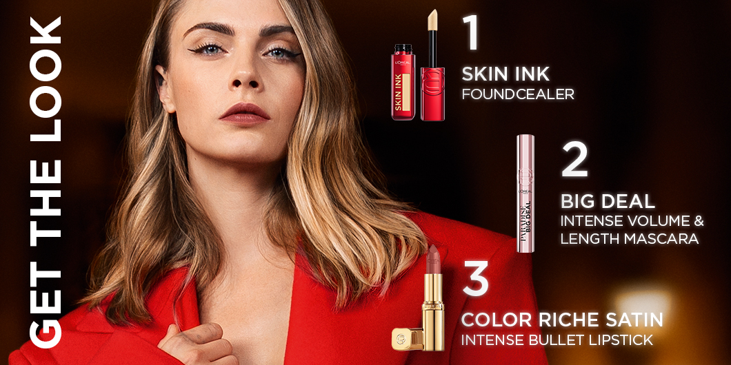 "Get the look"-annons med tre L'Oréal Paris-produkter och en modell.
