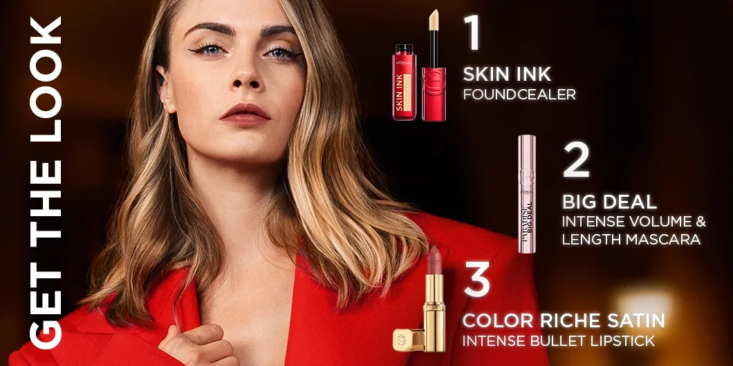 "Get the look"-annons med tre L'Oréal Paris-produkter och en modell.