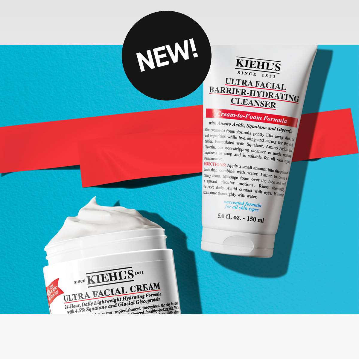 Kiehl’s Ultra Facial cleanser, hudvårdsnyhet för återfuktad hud, sticker med texten NEW!