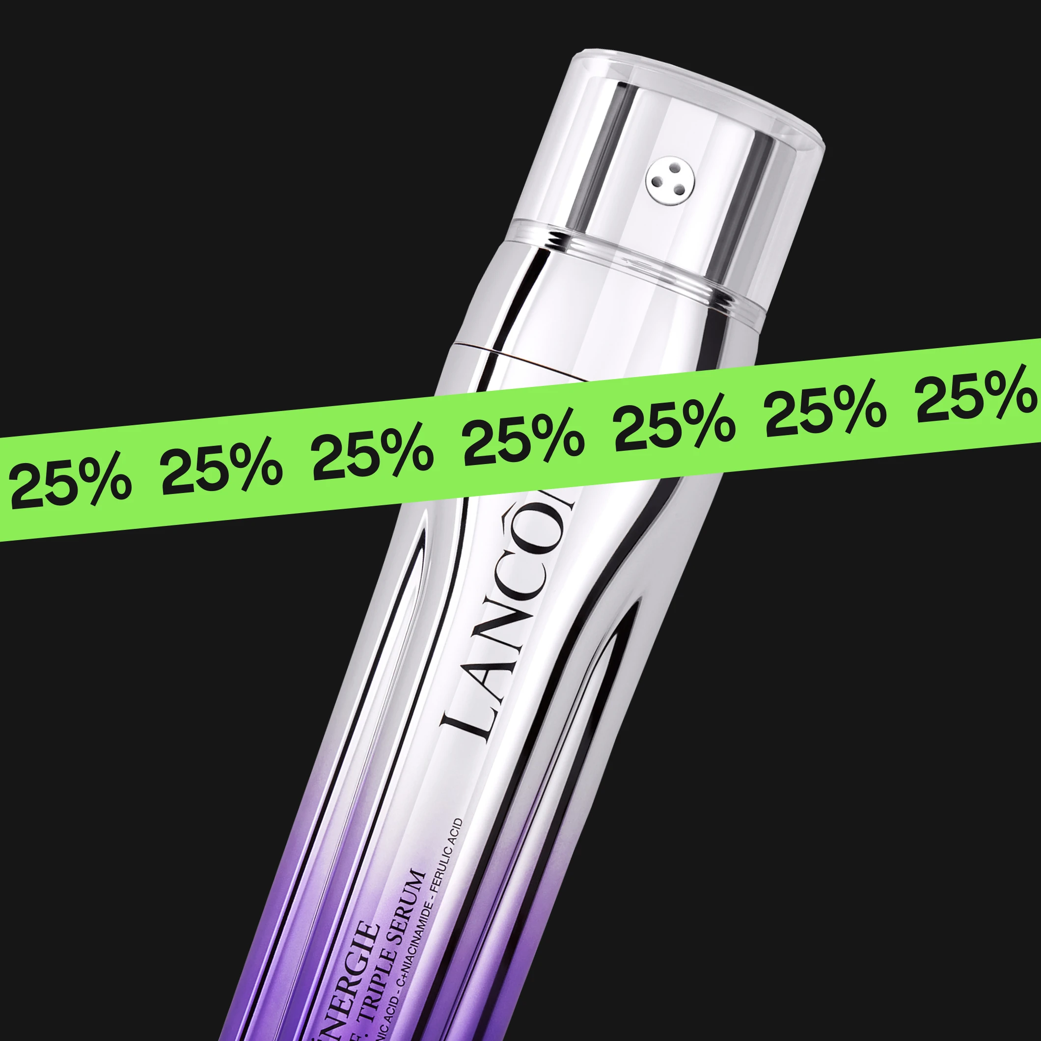Lancôme Rénergie H.C.F. Triple Serum i sølvflaske med lilla tone mot svart bakgrunn, med teksten "LANCÔME" og "RÉNERGIE H.C.F. TRIPLE SERUM", med grønn stripe med "25%".