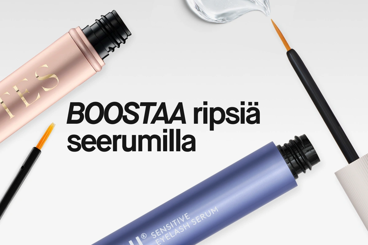Teksti “BOOSTA fransarna med serum” näkyy yhdessä ripsiseerumien, applikaattorien ja kirkkaan seerumitipan kanssa.