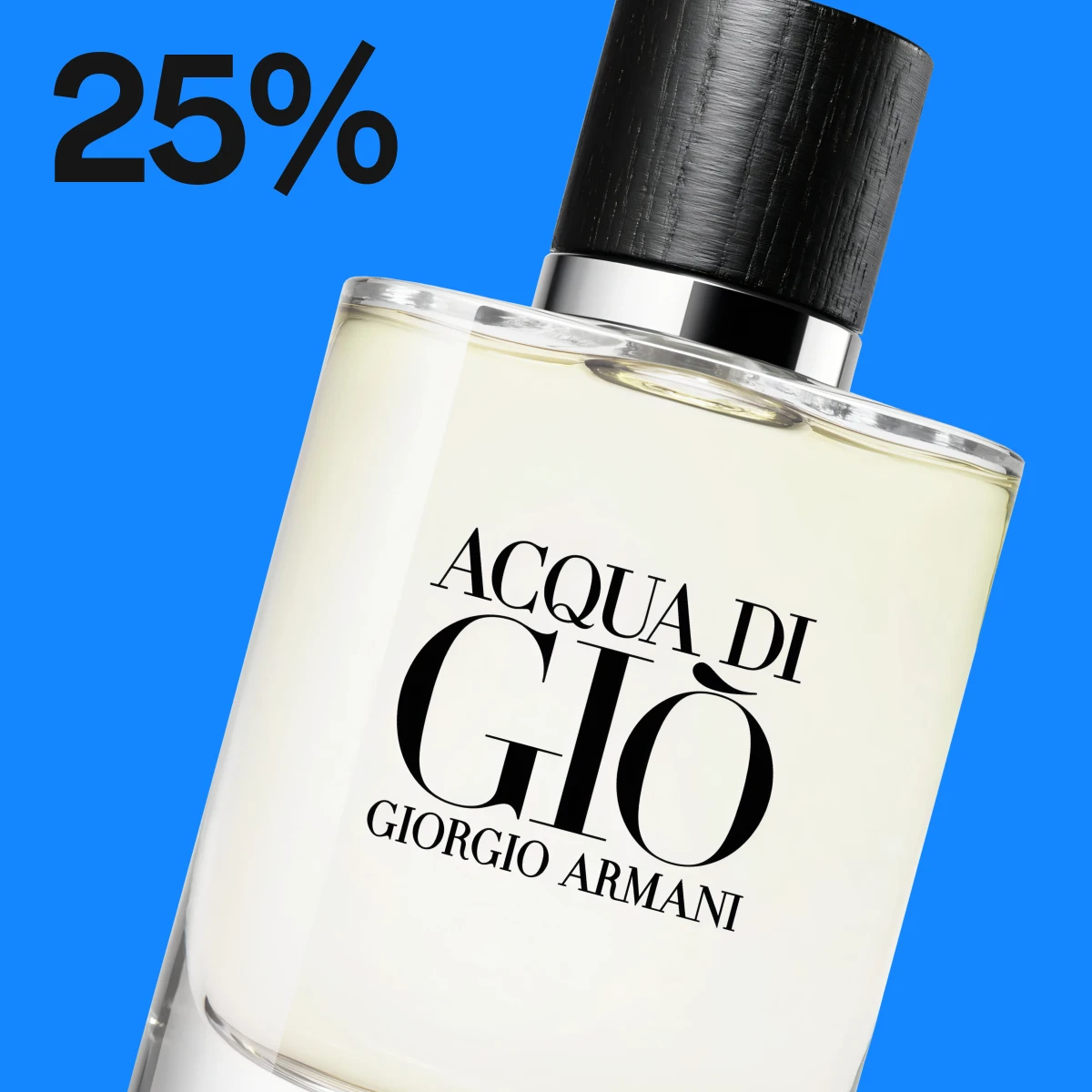 Acqua di Gio parfymeflaske med teksten 20% rabatt, mot en blå bakgrunn