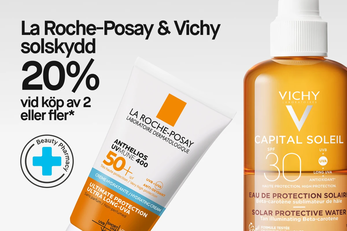 Kampanjbild med texten ”La Roche-Posay & Vichy solskydd 20% vid köp av 2 eller fler*” bredvid Anthelios UVmune 400 SPF 50+ och Vichy Capital Soleil SPF 30, samt Beauty Pharmacy-symbolen.